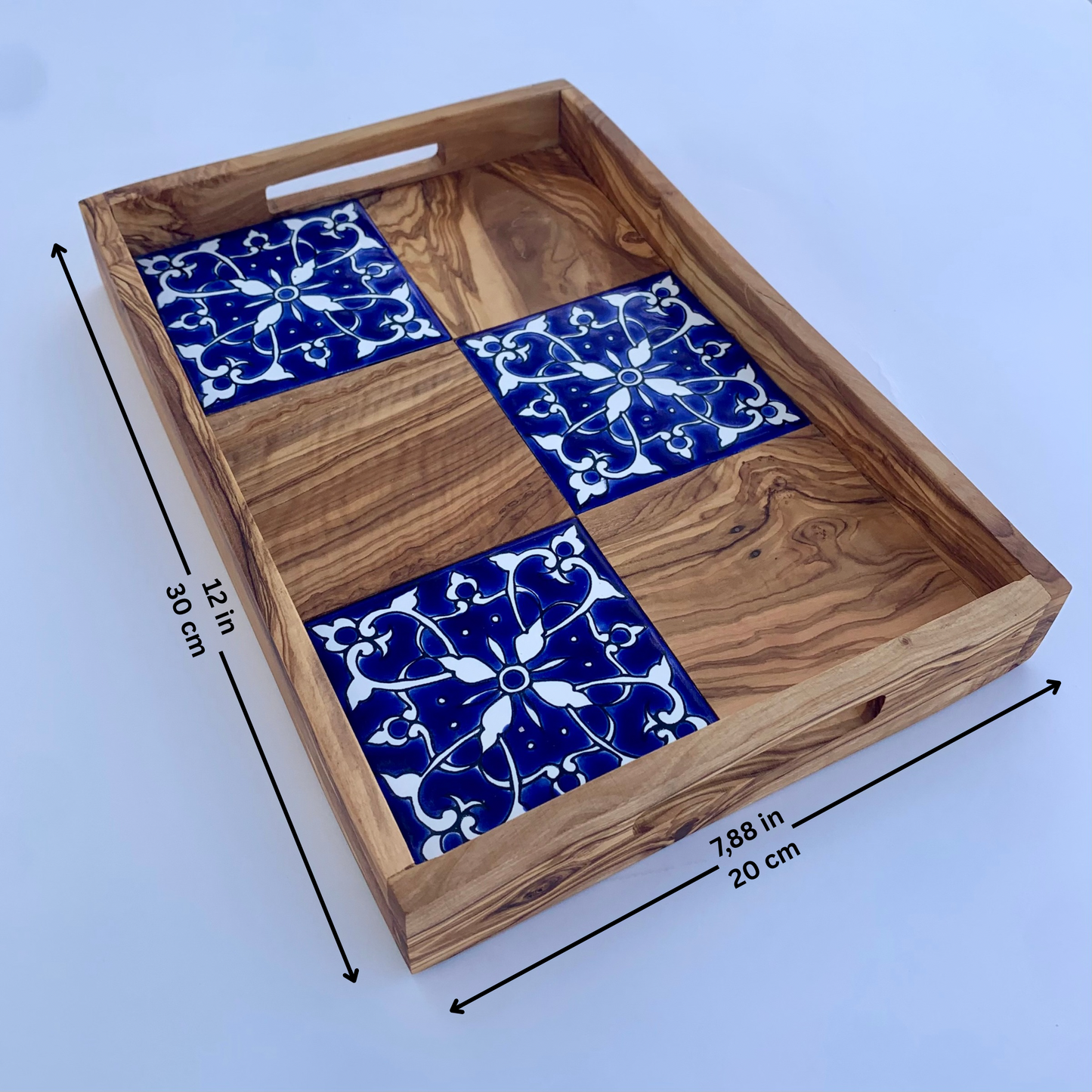 Rectangular Olive Wood Serving Tray with Hand-Painted Tiles – 20x30 cm | Durable, Heat-Safe & Elegant