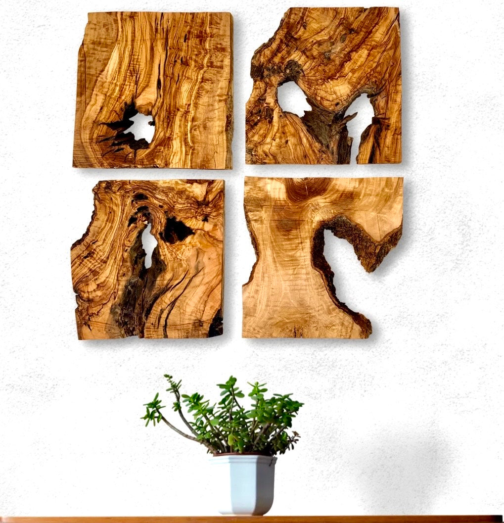 Four wooden wall art pieces with a plant on a white background