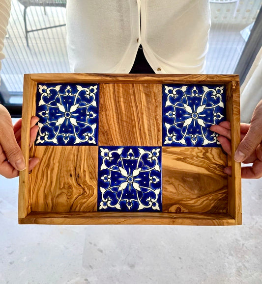 Handmade Olive Wood Serving Tray with Ceramic Tiles – Rustic 12.59 x 8.66 in Gift for Home