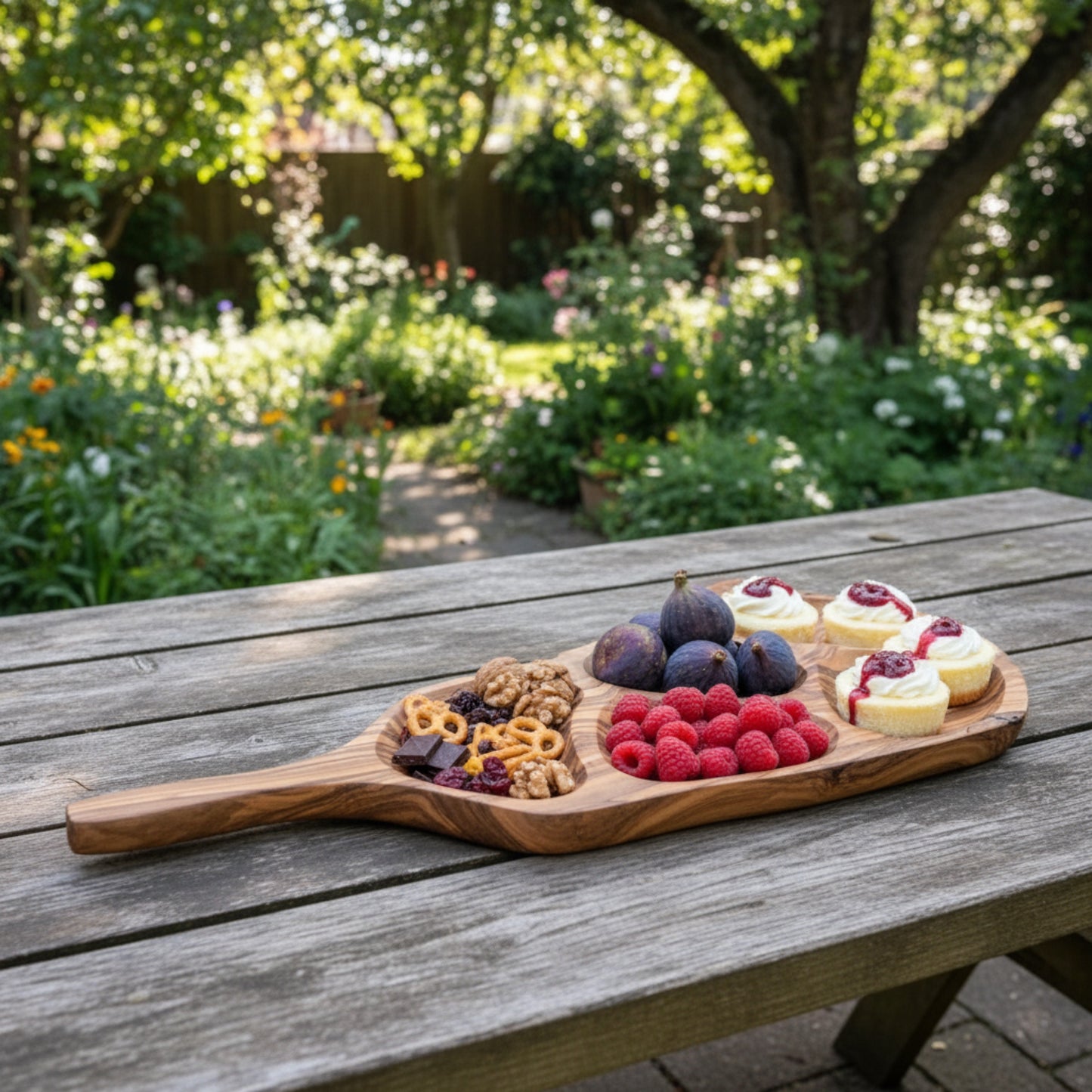 Wooden platter with snacks on a wooden table outdoors in a garden.