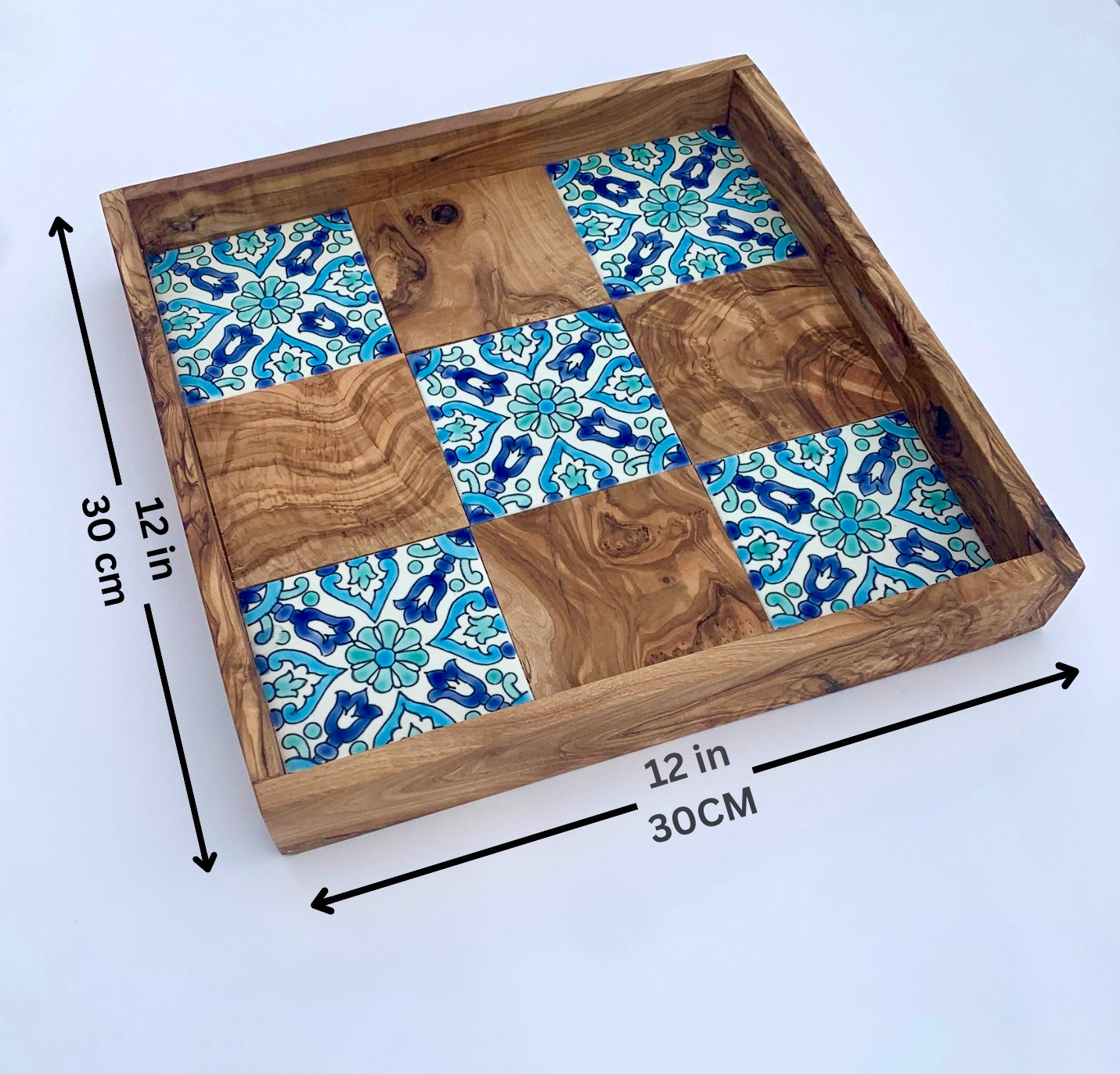 Handmade Olive Wood Serving Tray with Mediterranean Ceramic Tiles –  Tray for Kitchen, Coffee Table, or Home Decor