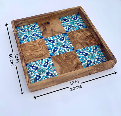 Handmade Olive Wood Serving Tray with Mediterranean Ceramic Tiles –  Tray for Kitchen, Coffee Table, or Home Decor