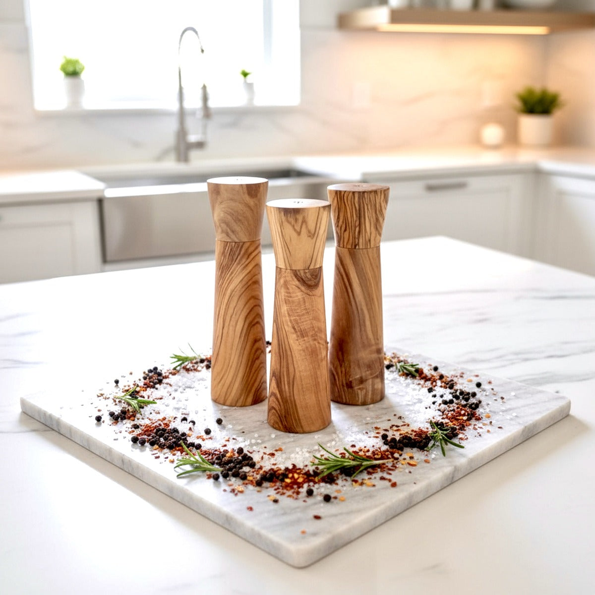 Wooden salt and pepper shakers on a marble tray with spices in a kitchen setting