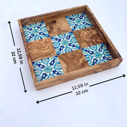 Wooden tray with tiled pattern on a white background