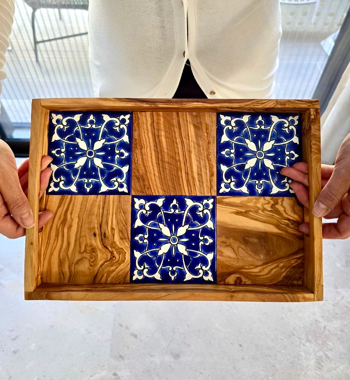 Handmade Olive Wood Serving Tray with Ceramic Tiles – Rustic 12.59 x 8.66 in Gift for Home