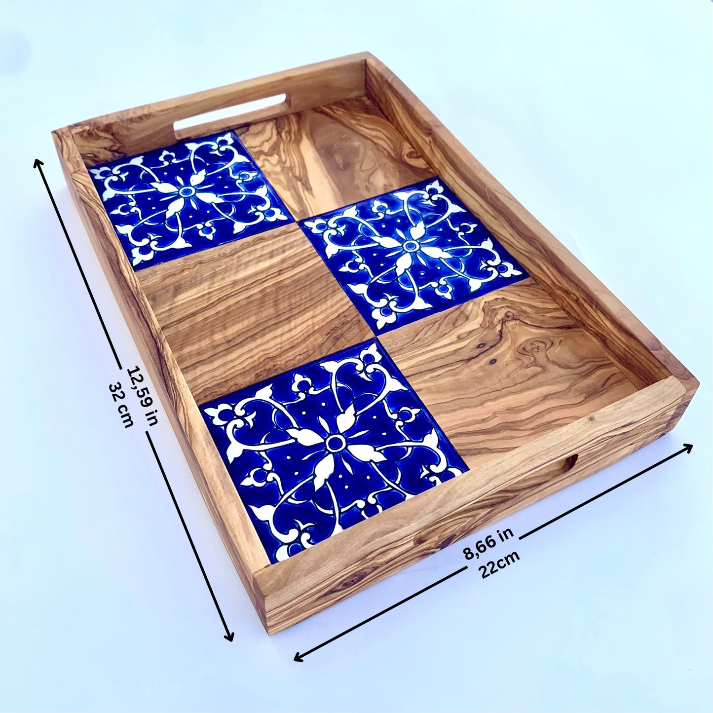 Handmade Olive Wood Serving Tray with Ceramic Tiles – Rustic 12.59 x 8.66 in Gift for Home