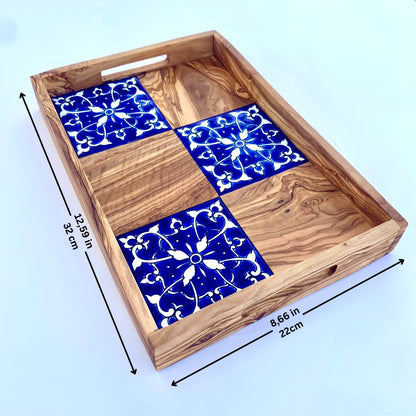 Handmade Olive Wood Serving Tray with Ceramic Tiles – Rustic 12.59 x 8.66 in Gift for Home