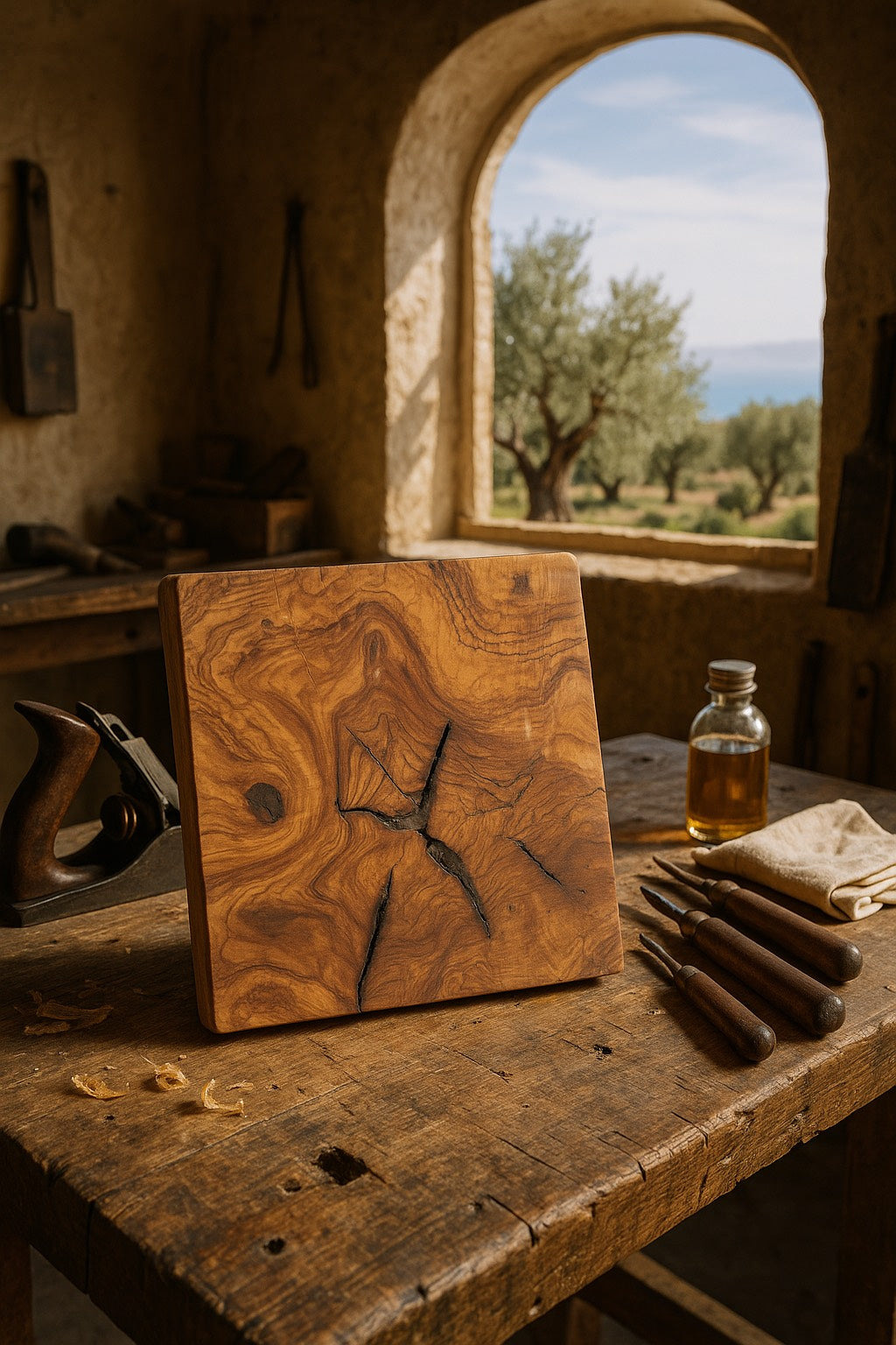 Wooden cutting board on a rustic wooden table with a view of olive trees outside.