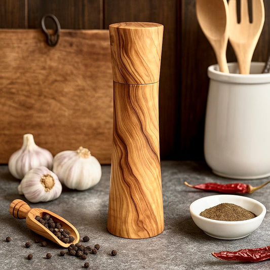 Wooden pepper grinder on a kitchen counter with garlic, peppers, and a bowl of ground pepper.